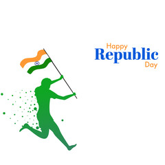 Wall Mural - Happy Republic Day Poster with Silhouette Man Holding Indian Flag on Tricolor Brush Stroke Effect Background.