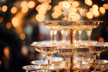 Wall Mural - festive champagne tower at a wedding or new year celebration with golden bokeh background