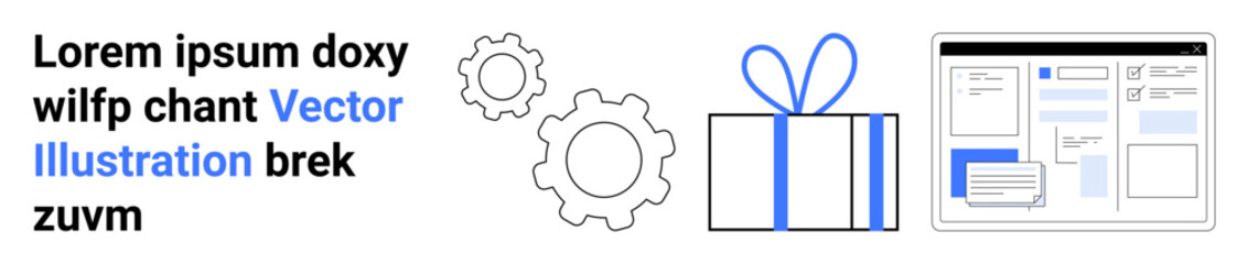 Gift box with gears beside website layout. Ideal for e-commerce, web development, online shopping, digital marketing, technology, user interface design, and software testing. Landing page