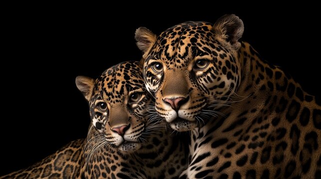 Two jaguars close together against a dark background, showcasing their distinctive spotted fur.