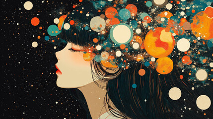 Wall Mural - celestial thoughts: a dreamy illustration of a serene woman, her mind adorned with vibrant, swirling