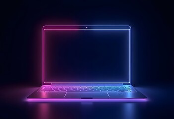 3d render laptop notebook electronic device isolated on ultra violet background, illuminated with ne