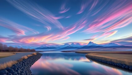 Wall Mural - Pink and blue clouds streak across a vibrant sunset sky, reflected in a calm lake with snowcapped mountains in the distance. A peaceful, idyllic scene