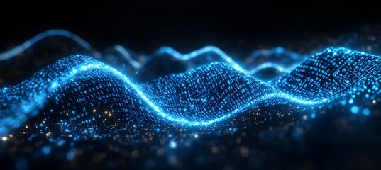 Fototapete - Abstract blue matrix binary data wave. Wireless blockchain transfer. Generative AI technology.	
