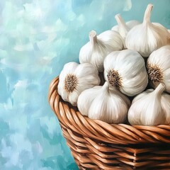 Wall Mural - Fresh garlic bulbs in a wicker basket. (3)