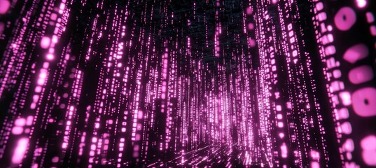Poster - Pink data rainfall on virtual digital space portal technology background. Wireless program transfer. Generative AI technology.	
