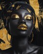 © WITTAYA  ANGMUJCHA - A portrait of a black woman in African fashion, with golden lips and a serene expression, set against a black and gold background, captured in 4K for high-end wall decor