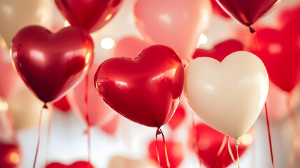 Red and White Heart Balloons Floating in Romantic Setting with Bokeh Lights : Generative AI