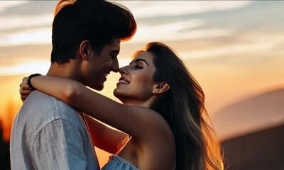 Wall Mural - a couple shares a tender moment at sunset, surrounded by breathtaking natural beauty. emotions flow 
