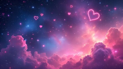 Wall Mural - a cosmic-themed background with a starry sky, heart-shaped constellations, and glowing pink and red 