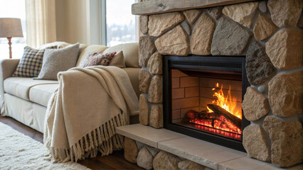 Lit Stone Fireplace in Cozy Living Room during Cold Winter Season