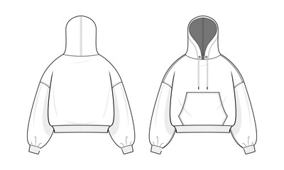 Wall Mural - Hoodie technical fashion illustration. hoodie vector template illustration. Front and back view. Oversized sleeve. Drop shoulder. Unisex. White color. CAD mockup.