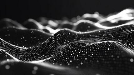 Wall Mural - abstract dark background with glowing particles forming wavy landscape.