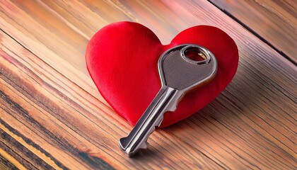 A key is linked to a red heart shape on a light brown wooden surface.