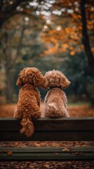 Canvas Print - Two fluffy dogs sit on a bench, enjoying the autumn scenery. AI.