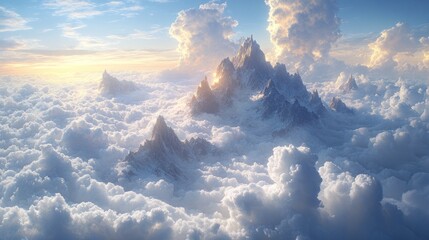 Canvas Print - Snowy mountains peak above fluffy clouds.