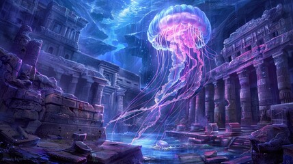 Poster - Bioluminescent jellyfish floats over ancient submerged ruins.