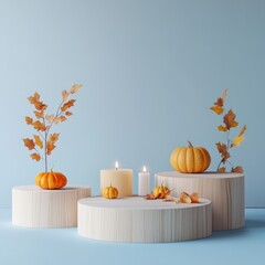 Wall Mural - Autumnal still life with pumpkins, candles, and leaves on wooden platforms against a light blue background.