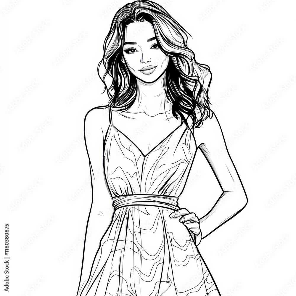 Elegant Woman Line Art: A stylish woman with flowing hair and a flowing ...