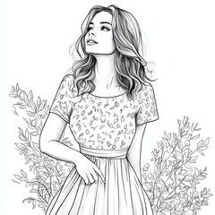 Dreamy Daydream:  A  woman in a floral dress gazes thoughtfully amidst flowering branches, depicted in a stylish black and white illustration.