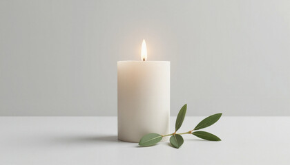 Wall Mural - White candle with lit flame and olive branch on minimalist background