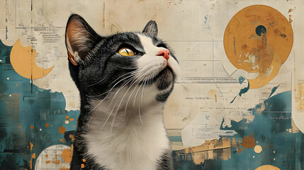 Naklejka na meble Curious Cat Gazes Upward in Abstract Collage Art with Geometric Shapes and Textured Background