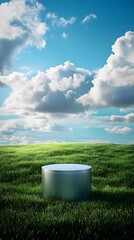 Wall Mural - A sleek metal podium set in a lush green meadow, with a bright blue sky and fluffy clouds overhead