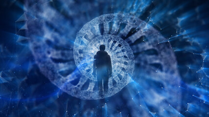 Poster - man silhouette and digital dna chain background illustration.