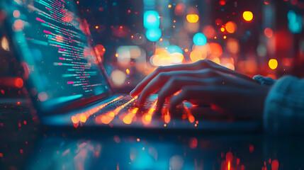 Programmer Works on Code at Night with City Lights Reflecting
