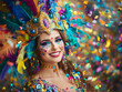 © Liudmila - Beautiful woman in whimsical costume surrounded by confetti and festive decorations. She is celebrating Mardi Gras with vibrant costume, mask, and beads.