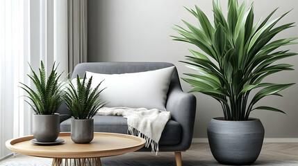 Wall Mural - Modern Living Room Interior Design with Armchair, Plants, and Coffee Table Beautifully Arranged