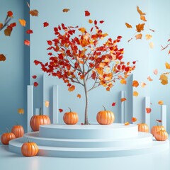 Wall Mural - Autumnal scene with pumpkins and tree.