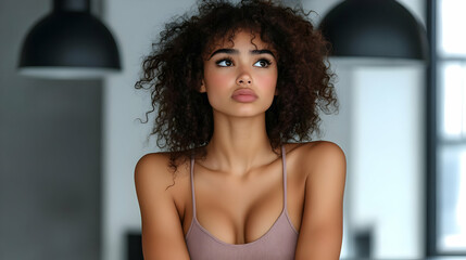 Portrait of a Young Woman with Curly Hair Gazing Thoughtfully Upward in a Modern Interior