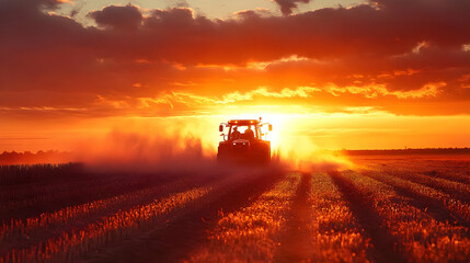 Wall Mural - Photo - Tractor at Sunset in Field, Agriculture, Farming