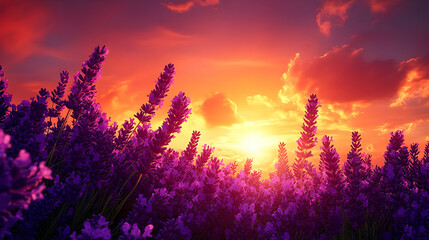 Sticker - Illustration Lavender Field Sunset Landscape Nature Scenery