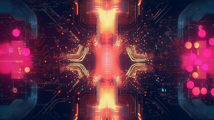 Wall Mural - abstract digital circuit board with glowing lines and particles.