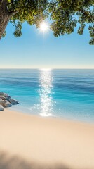 Wall Mural - Serene beach scene with calm waters and sunlight reflecting on the ocean surface.