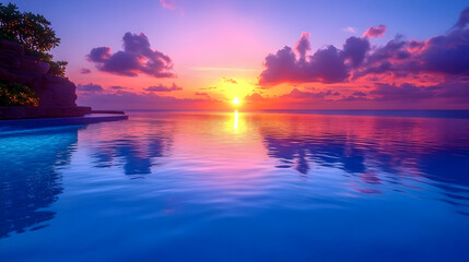 Poster - Photo - Tranquil Sunset over Infinity Pool Reflecting Sky and Ocean