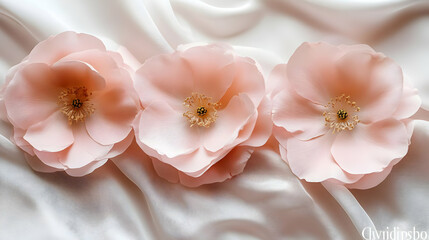 Wall Mural - Photo Three Pink Flowers on White Silk Background