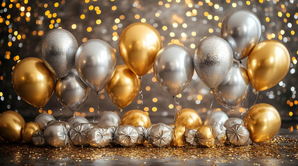 Wall Mural - 3D Illustration Festive Balloons Gold Silver Confetti Background