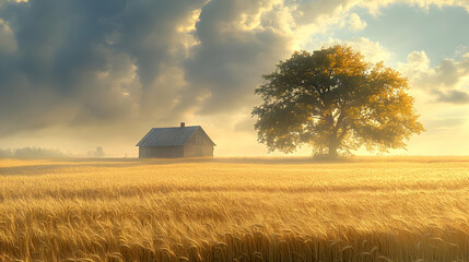 Sticker - Photo - Golden Wheat Field, Abandoned House, and Majestic Tree at Sunrise