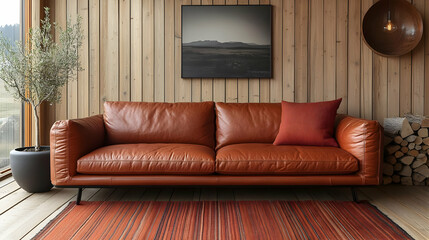 Wall Mural - Photo Cozy Cabin Interior Design Leather Sofa Wood Paneling Rug Plant Lamp