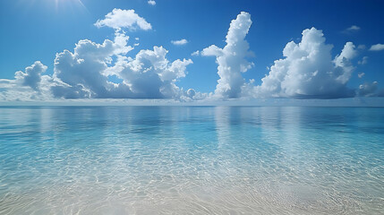 Poster - Illustration - Tranquil Tropical Beach, Ocean, Sky, Clouds, Sun, Summer Vibes