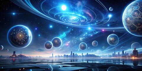 Wall Mural - futuristic cityscape under a celestial canopy of illuminated planets and glowing nebulae