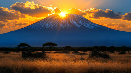 Canvas Print - Photo - Majestic Mountain Sunset Landscape Nature Sky Clouds Golden Grass