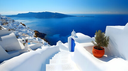 Wall Mural - Photo - Whitewashed Village, Blue Sea, and Sunny Sky