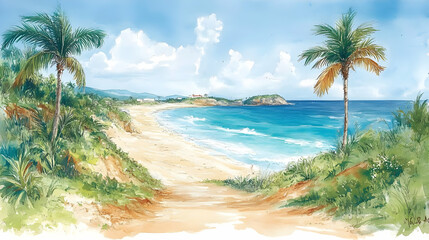 Wall Mural - Tropical Beach Paradise Illustration Palm Trees, Ocean, Sky, Clouds, Coast, Sand, Island, Nature, Landscape