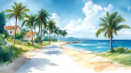 Wall Mural - Illustration Tropical Beach Road Palm Trees Ocean Sky Clouds Houses