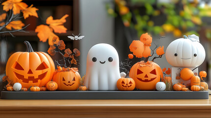 Wall Mural - 3D Illustration - Halloween Pumpkins, Ghosts, and Autumn Decor