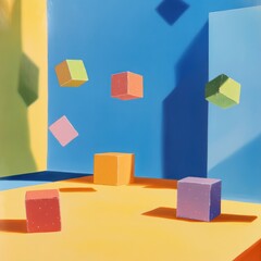 Wall Mural - Colorful cubes levitating in a vibrant room.